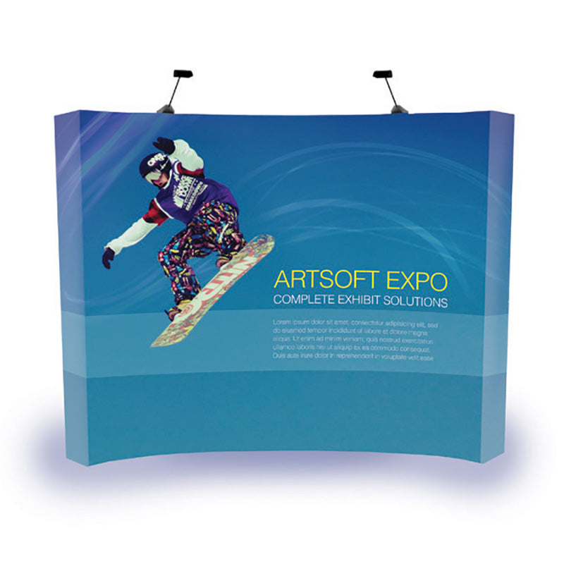 The 8ft curved fabric pop up display showing a wrap-around trade show backdrop design.