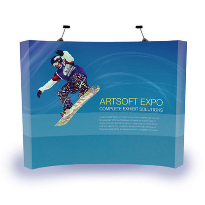 The 8ft curved fabric pop up display showing a wrap-around trade show backdrop design.