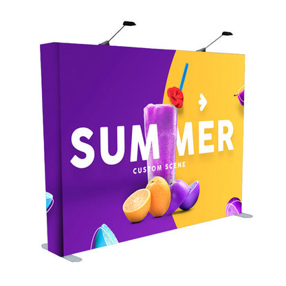 Front view of the 8ft straight fabric pop up display featuring a seamless custom printed tension fabric backdrop.