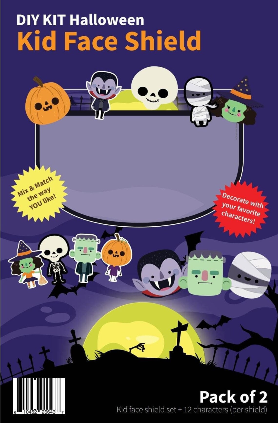 Pack of 2 - Kids Face Shield - DIY Kit - Halloween (Made in Canada)