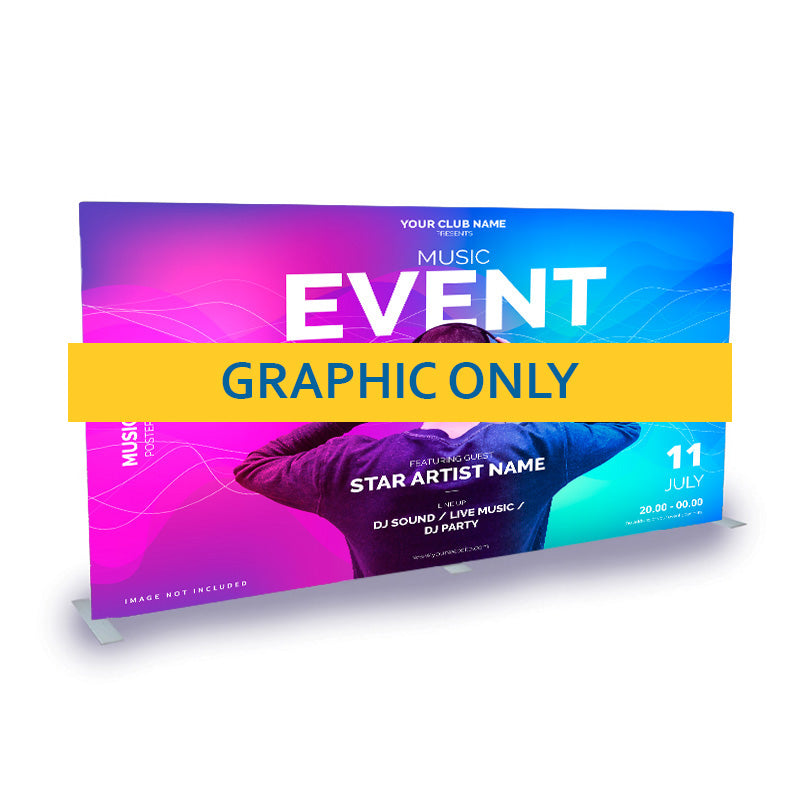 20-foot Fabric Wall Flex graphic by Artsoft Expo Solutions Inc. showing a straight, vibrant fabric display for trade shows or events.