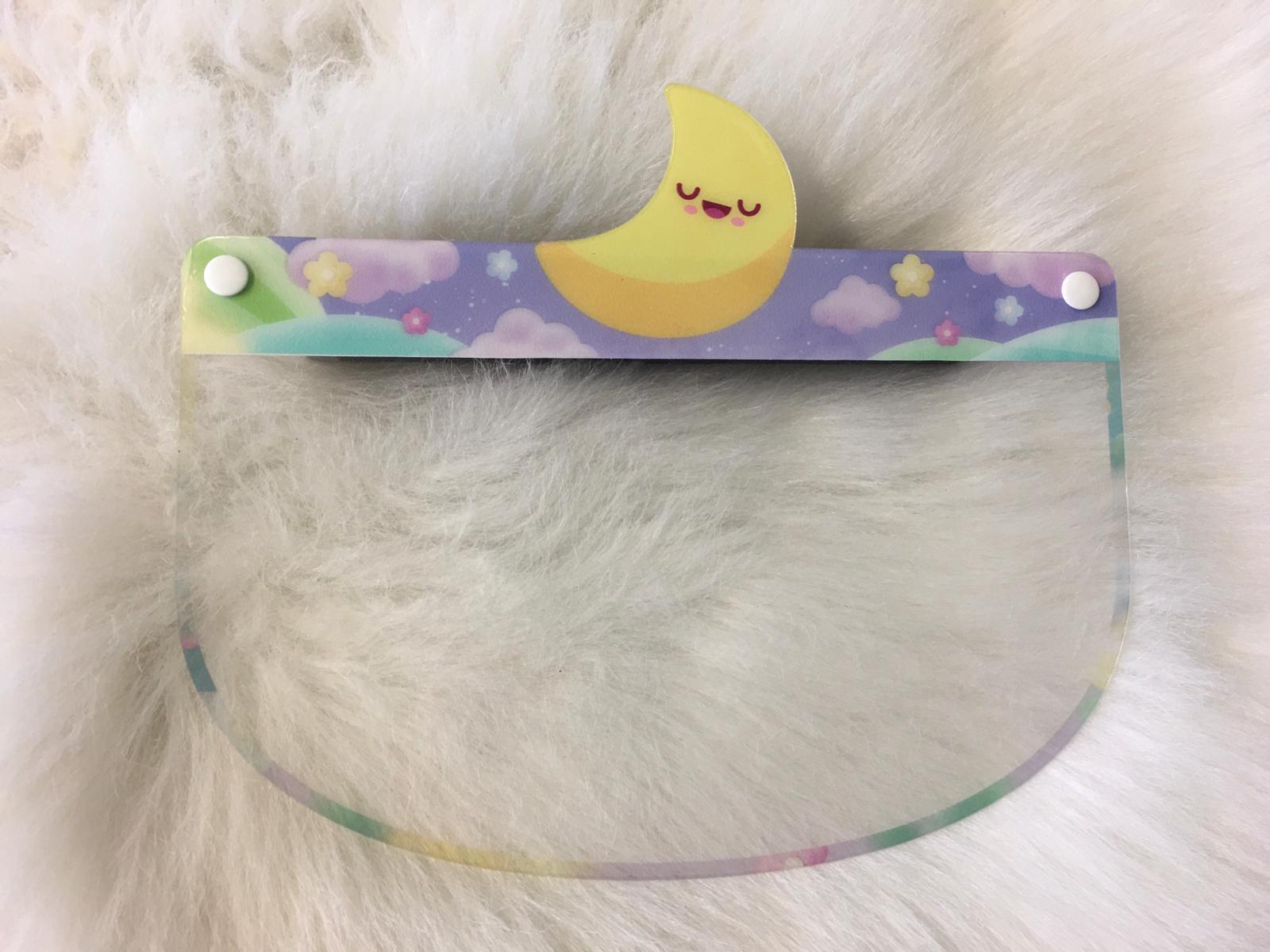 Kids face shield from Artsoft Expo Solutions' Weather Collection, featuring a moon design on the front for children’s safety.