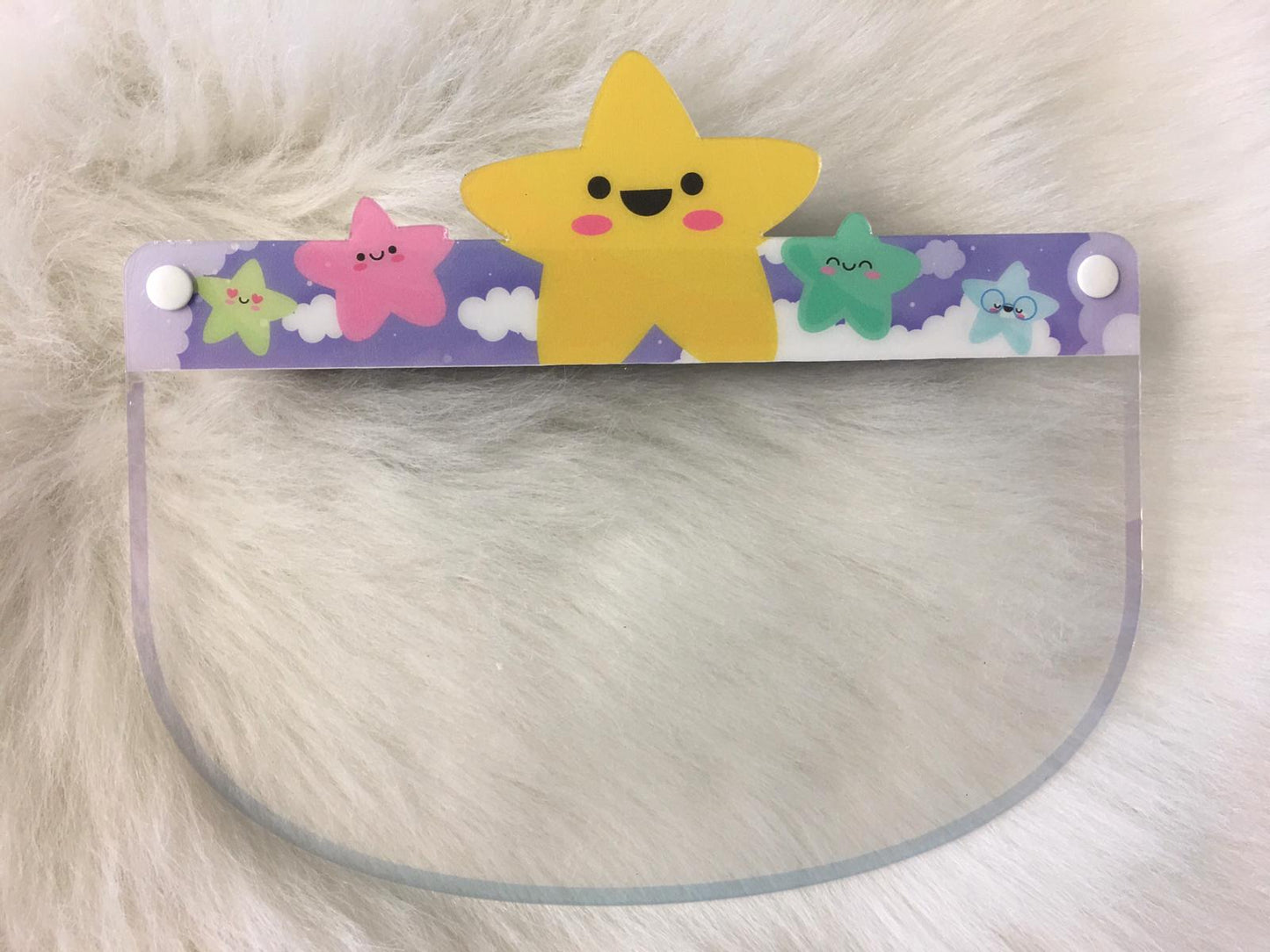 Kids face shield from Artsoft Expo Solutions Inc. Weather Collection, featuring a clear front with star design for children.