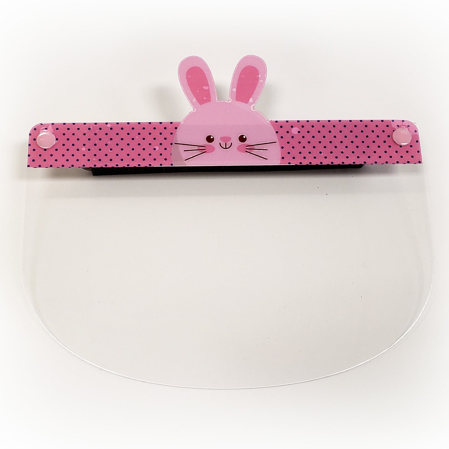 Kids face shield featuring a cute bunny animal design from Artsoft Expo Solutions Inc., front view showing colorful cartoon bunny face.