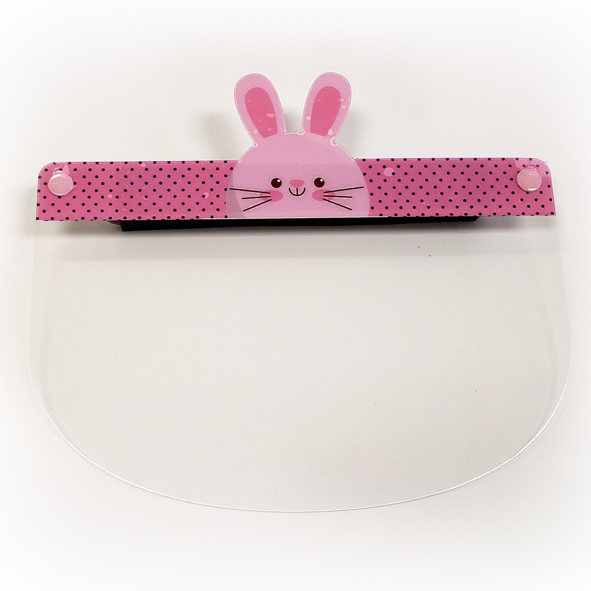Kids face shield featuring a cute bunny animal design from Artsoft Expo Solutions Inc., front view showing colorful cartoon bunny face.