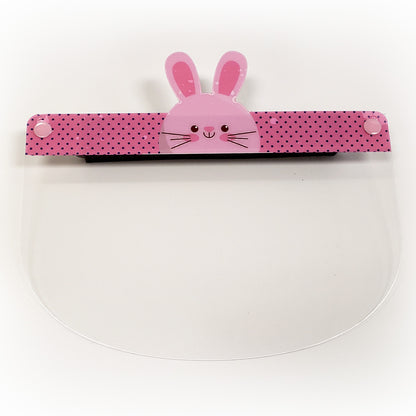 Kids face shield featuring a cute bunny animal design from Artsoft Expo Solutions Inc., front view showing colorful cartoon bunny face.
