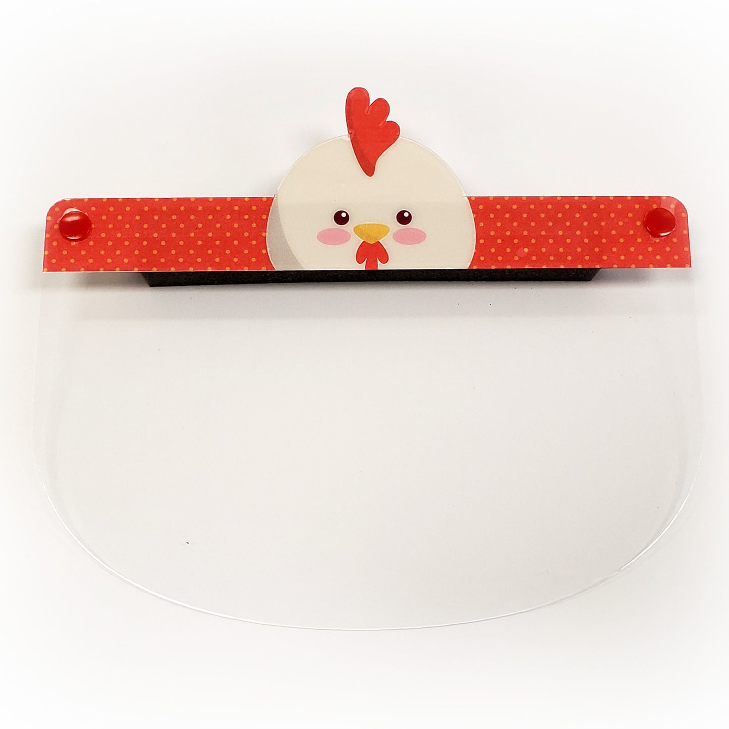Kids face shield with animal design featuring a colorful chicken illustration, made by Artsoft Expo Solutions Inc.