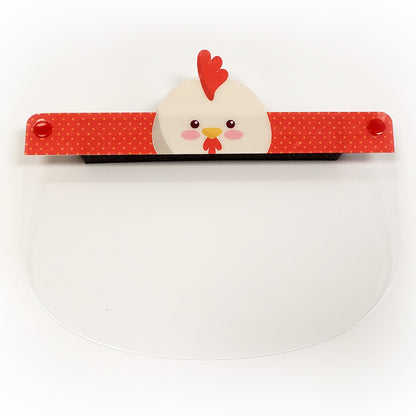Kids face shield with animal design featuring a colorful chicken illustration, made by Artsoft Expo Solutions Inc.