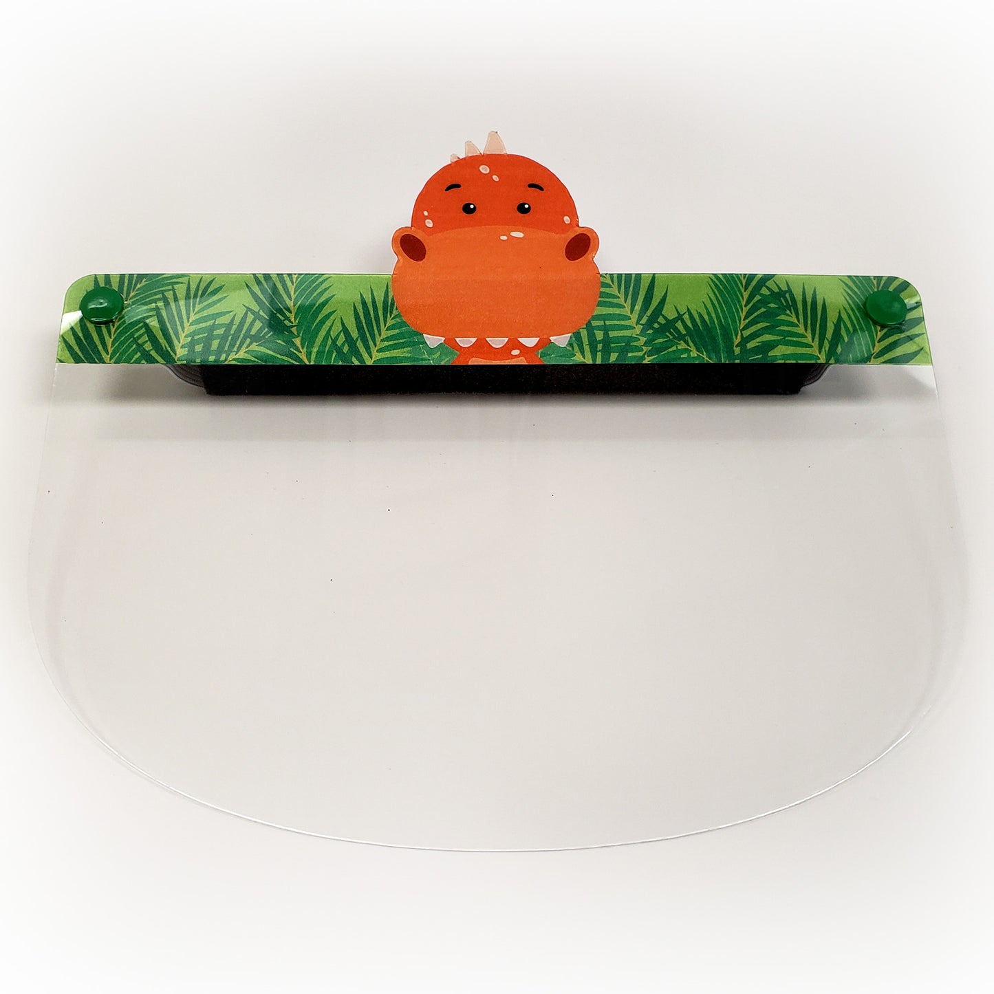 Kids face shield featuring a colorful dinosaur from the Artsoft Expo Solutions Inc. Animal Collection, made in Canada.