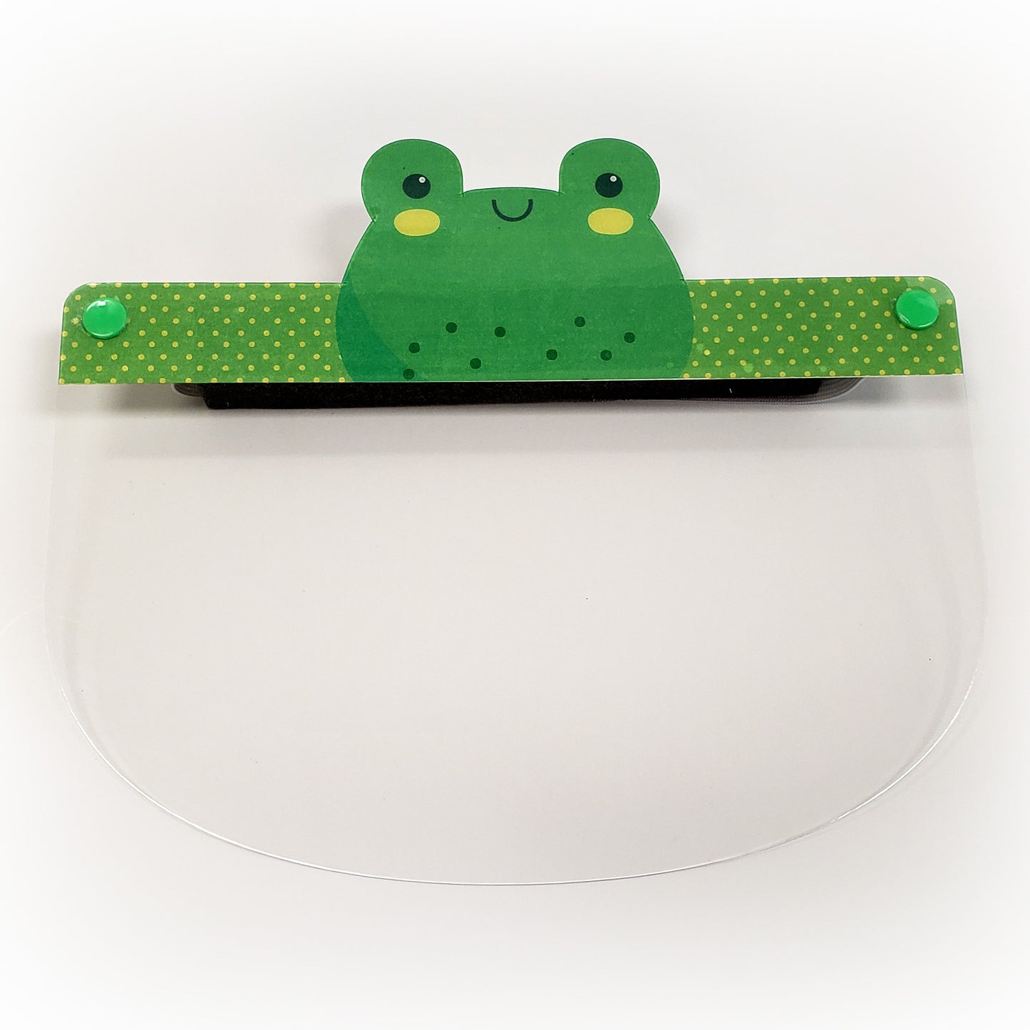 Kids face shield featuring a colorful frog design from the Artsoft Animal Collection, made in Canada, front view.