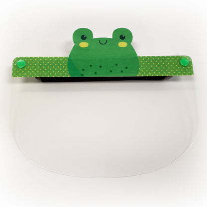 Kids face shield featuring a colorful frog design from the Artsoft Animal Collection, made in Canada, front view.