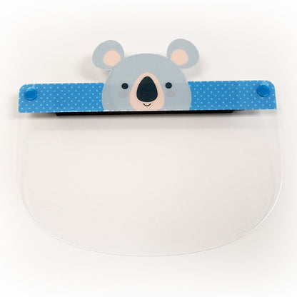 Kids face shield featuring a cute koala animal design from Artsoft Expo Solutions Inc., made in Canada.