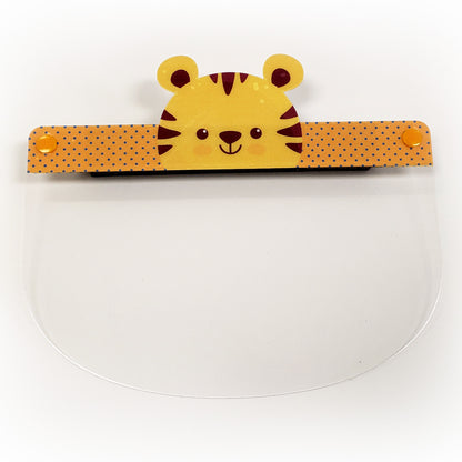 Kids face shield from Artsoft Expo's Animal Collection featuring a colorful tiger design, made in Canada for protection.