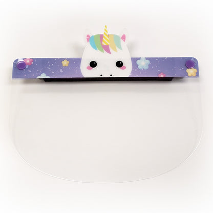 Kids face shield featuring colorful unicorn design from Artsoft Expo Solutions Inc., part of the Animal Collection, made in Canada.