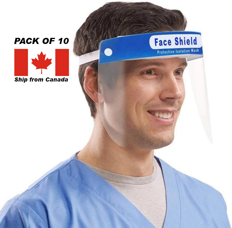 Clear plastic face shield by Artsoft Expo Solutions Inc., showing a protective face shield with adjustable headband and full-face coverage.