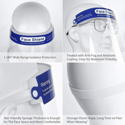 Clear face shield by Artsoft Expo Solutions Inc., showing a protective transparent plastic shield with adjustable head strap.