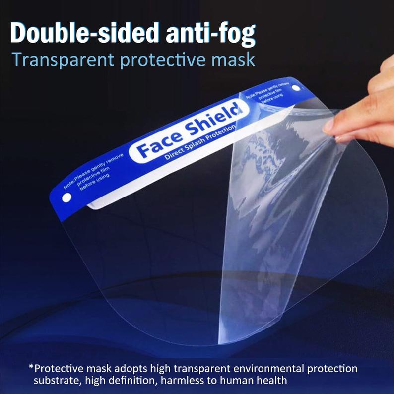Clear face shield by Artsoft Expo Solutions Inc., showing the protective transparent visor and adjustable headband.
