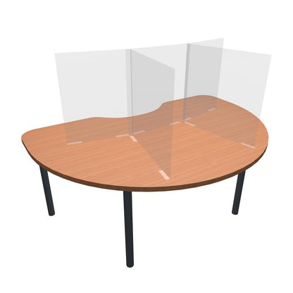 Artsoft Expo half-circle kidney table sneeze guard divider, clear protective screen for safety and social distancing in workspaces.