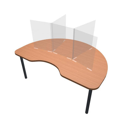 Artsoft Expo half-circle kidney table sneeze guard divider, clear protective screen for safety and hygiene.