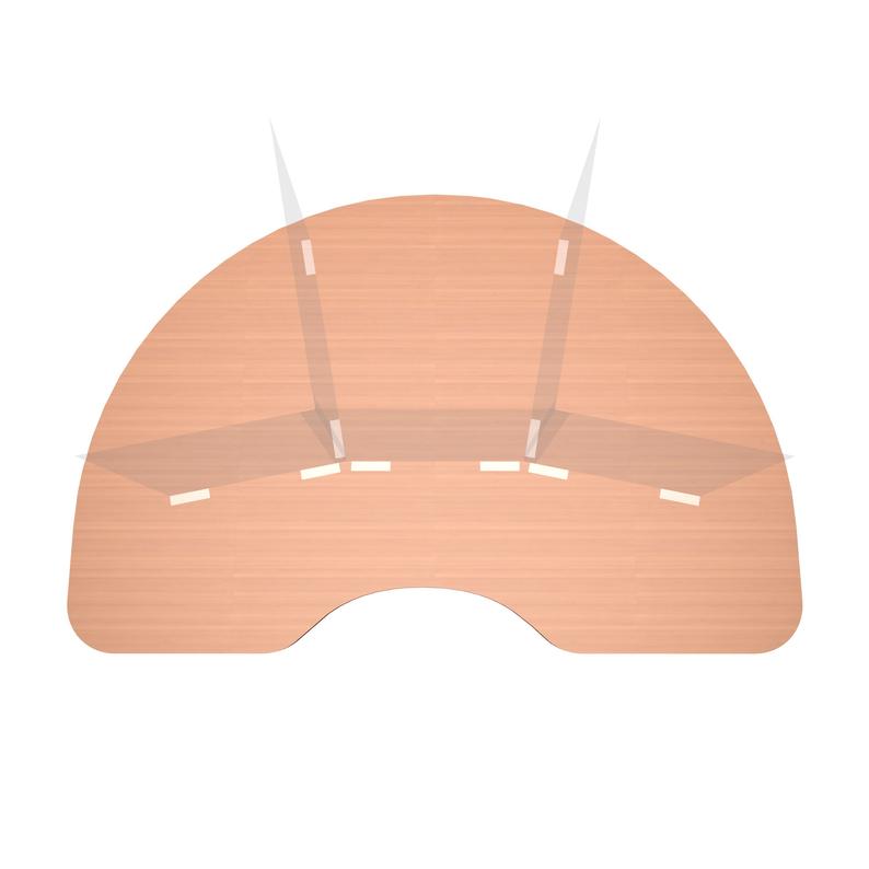 Half-circle kidney-shaped protective screen sneeze guard divider by Artsoft Expo, clear acrylic barrier for safety.