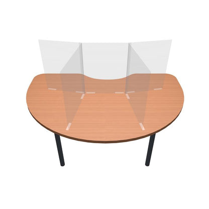 Artsoft Expo half-circle kidney table sneeze guard divider, clear protective screen for safety and social distancing.