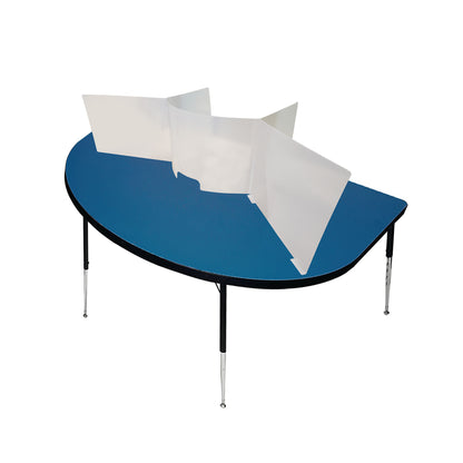 Horsehoe style protective screen by Artsoft Expo placed on a table, designed to divide and protect in a workspace or meeting area.