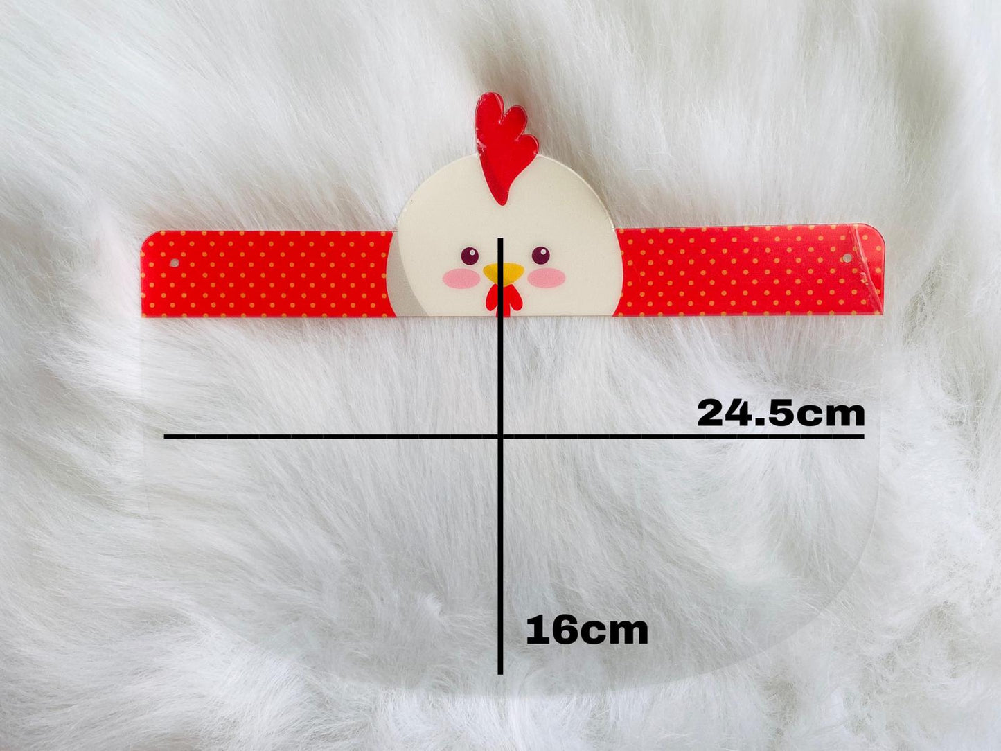 Kids face shield from Artsoft Expo Solutions Inc. featuring animal designs, shown with measurement details in the image.