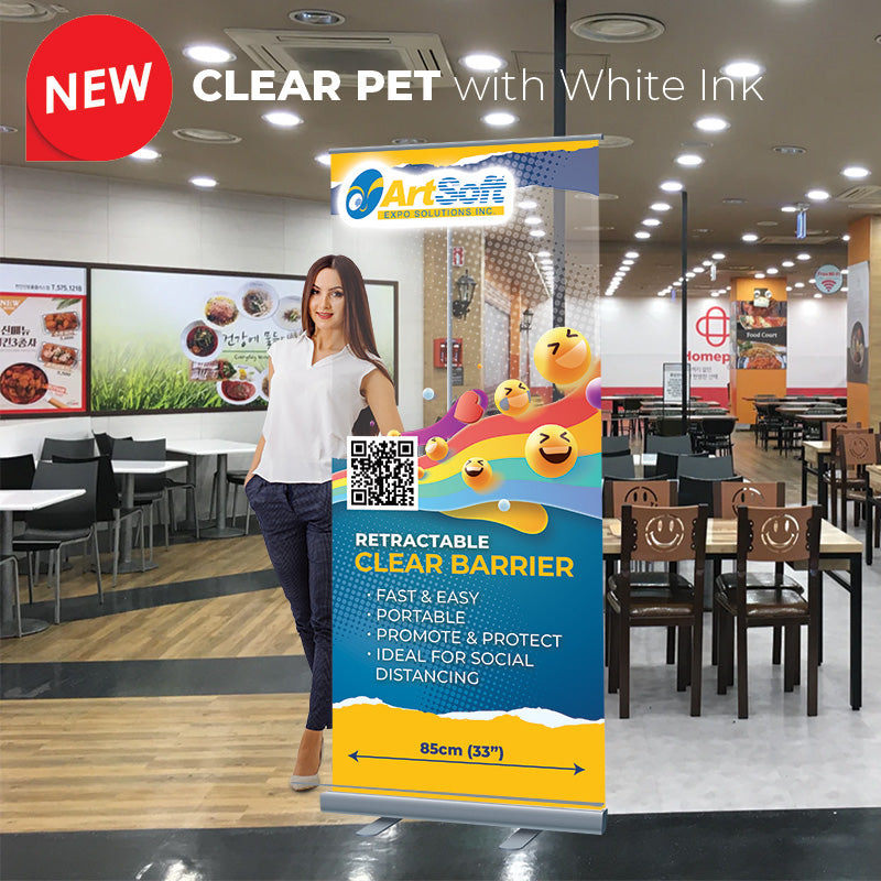 Clear retractable barrier with printed design from Artsoft Expo Solutions Inc., shown extended with printed graphics.