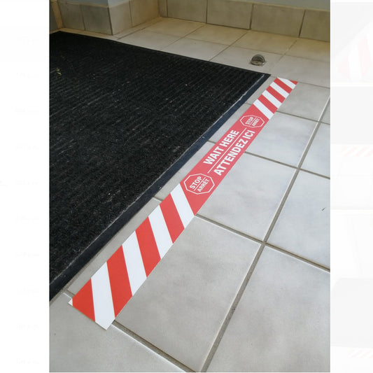 Artsoft Expo 32x2.5 inch floor strip sticker with STOP / WAIT HERE text for floor marking and safety guidance.