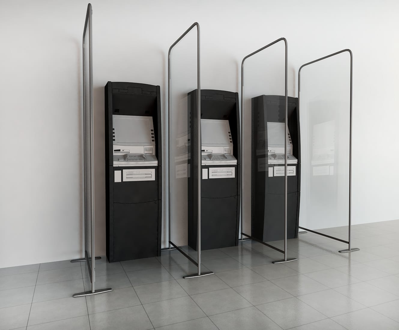 Portable Protective Screen II by Artsoft Expo Solutions Inc., clear acrylic barrier with metal frame for social distancing and safety.