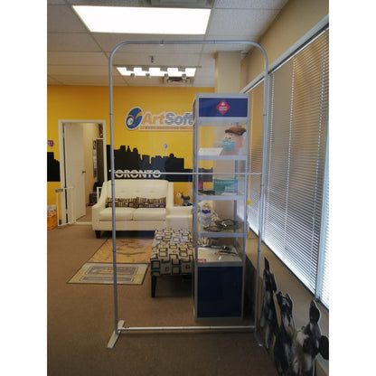 Portable Protective Screen II by Artsoft Expo Solutions Inc., clear plastic shield on a stand for safety and social distancing.