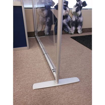 Portable Protective Screen II by Artsoft Expo Solutions Inc. with clear acrylic panels and metal frame for safety and privacy.