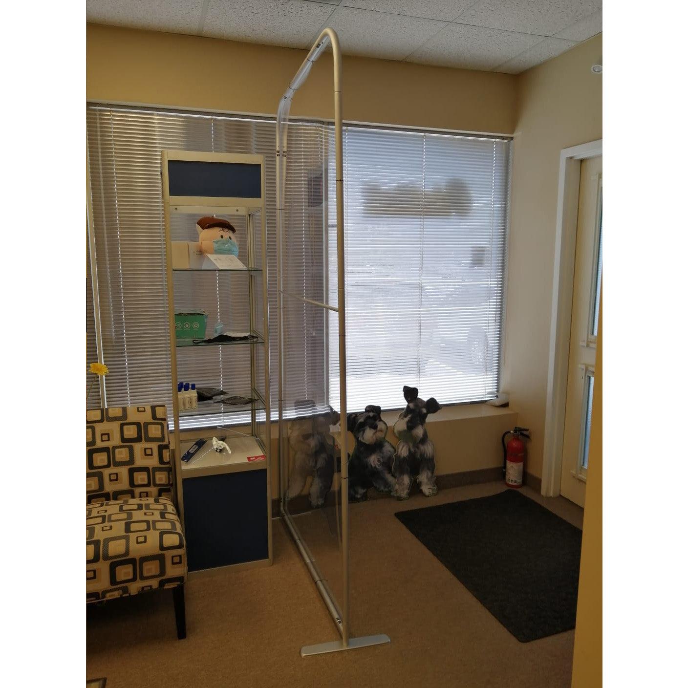 Portable Protective Screen II by Artsoft Expo Solutions Inc., clear acrylic barrier with black frame, ideal for social distancing and safety.