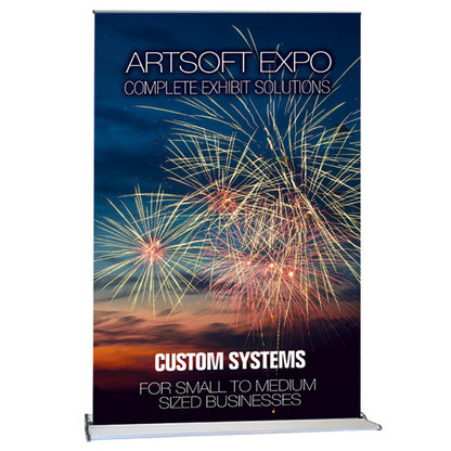 Ultra Series 60 by Artsoft Expo Solutions Inc. showcases a sleek, modern display stand with a curved design and branding elements.
