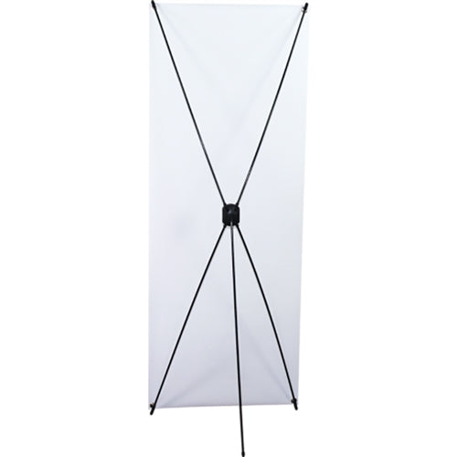 Artsoft Expo Solutions Inc. X-Stand II display stand with sleek metal frame and adjustable height for trade shows and events.