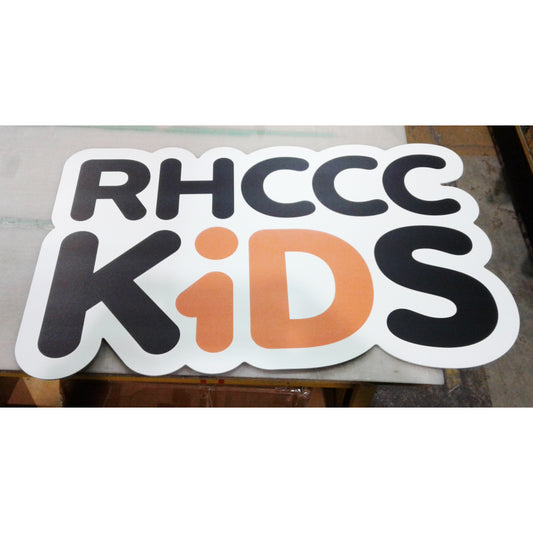Custom printed and die-cut company logo sign displaying vibrant colors.