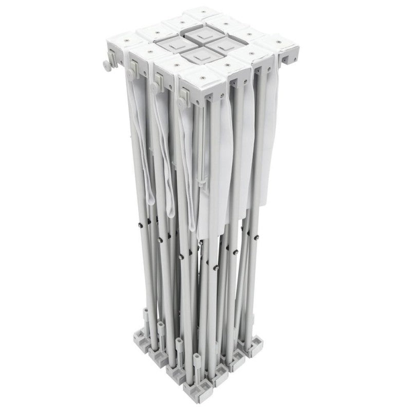 Close up of the collapsible aluminum accordion frame and locking hooks on the fabric popup display.