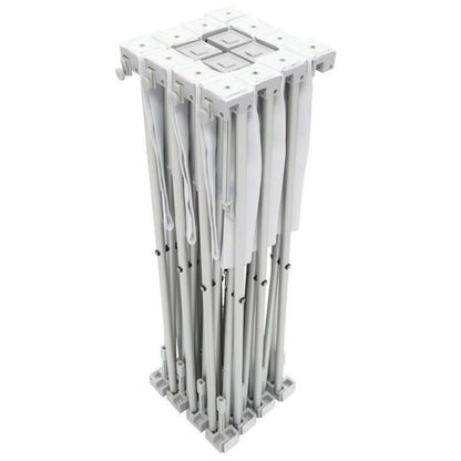 Close up of the collapsible aluminum accordion frame and locking hooks on the fabric popup display.