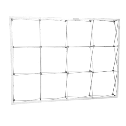 Close up of the collapsible aluminum accordion frame and locking hooks used to secure the tension fabric.