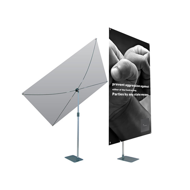 Hanging X-Stand by Artsoft Expo Solutions Inc. displaying a sturdy black metal frame for trade show or event signage.