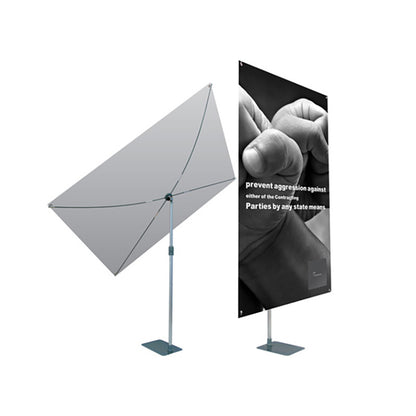 Hanging X-Stand by Artsoft Expo Solutions Inc. displaying a sturdy black metal frame for trade show or event signage.
