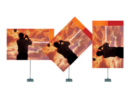 Hanging X-Stand by Artsoft Expo Solutions Inc. with black frame and adjustable hooks for display or promotional use