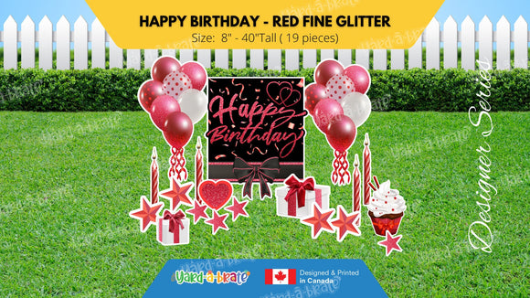 Happy Birthday - Red Fine Glitter Style Package (Total 19 pcs)  | Yard Sign Outdoor Lawn Decorations | Yardabrate Designer Series