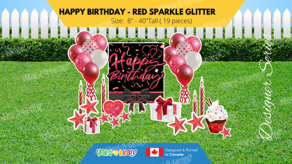 Happy Birthday - Red Sparkle Glitter Style Package (Total 19 pcs)  | Yard Sign Outdoor Lawn Decorations | Yardabrate Designer Series