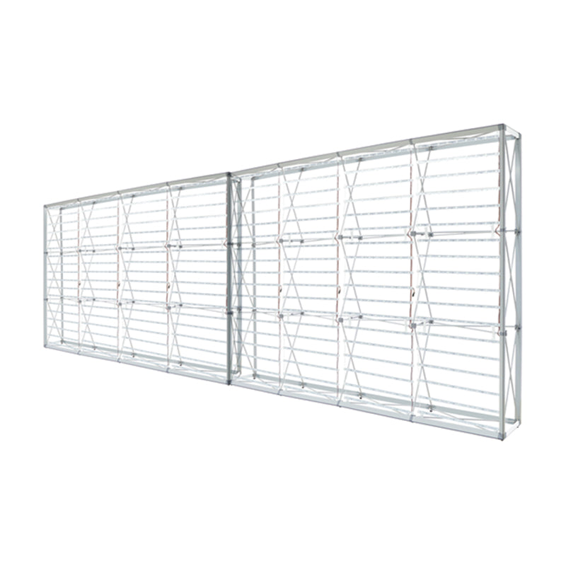 Close-up of the hardware used for connecting two 10ft aluminum frames to create the 20ft backlit popup display.