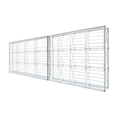 Close-up of the hardware used for connecting two 10ft aluminum frames to create the 20ft backlit popup display.